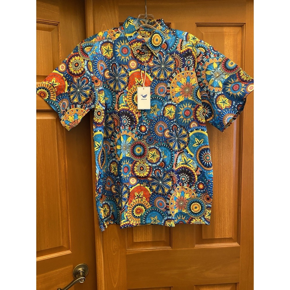 Men's Yiume Mandala Hawaiian Shirt Size Medium NWT Multicolor Cotton Casual SS